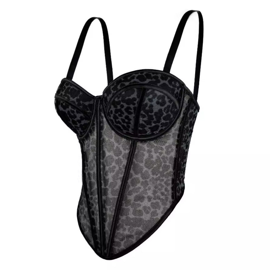 Sexy Leopard Dot Pattern Stitching Bra Sling High-end Sense Inner Mesh Lace Perspective Outer Wear Fishbone Bra