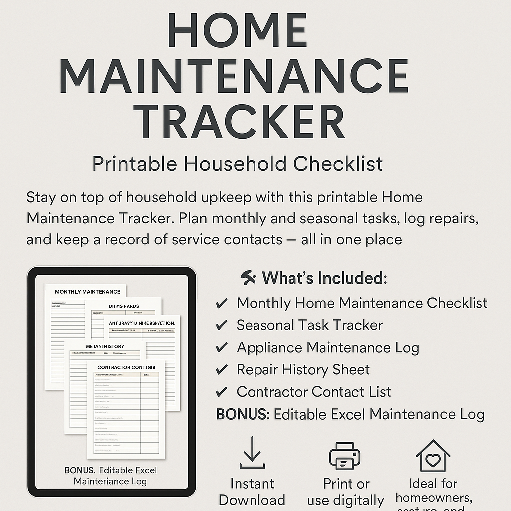 Home Maintenance Tracker – Printable Household Checklist