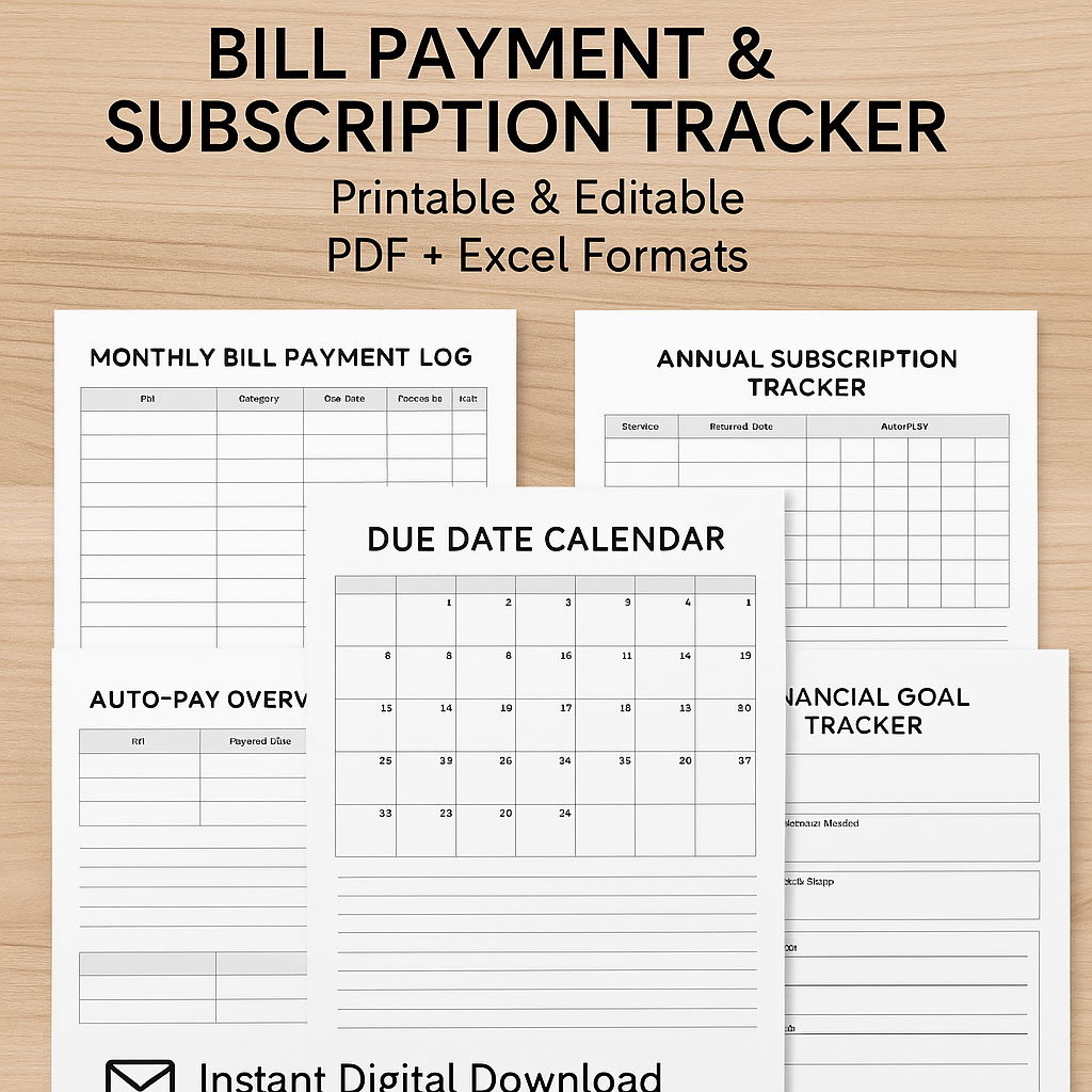 Bill Payment & Subscription Tracker โ Printable & Editable