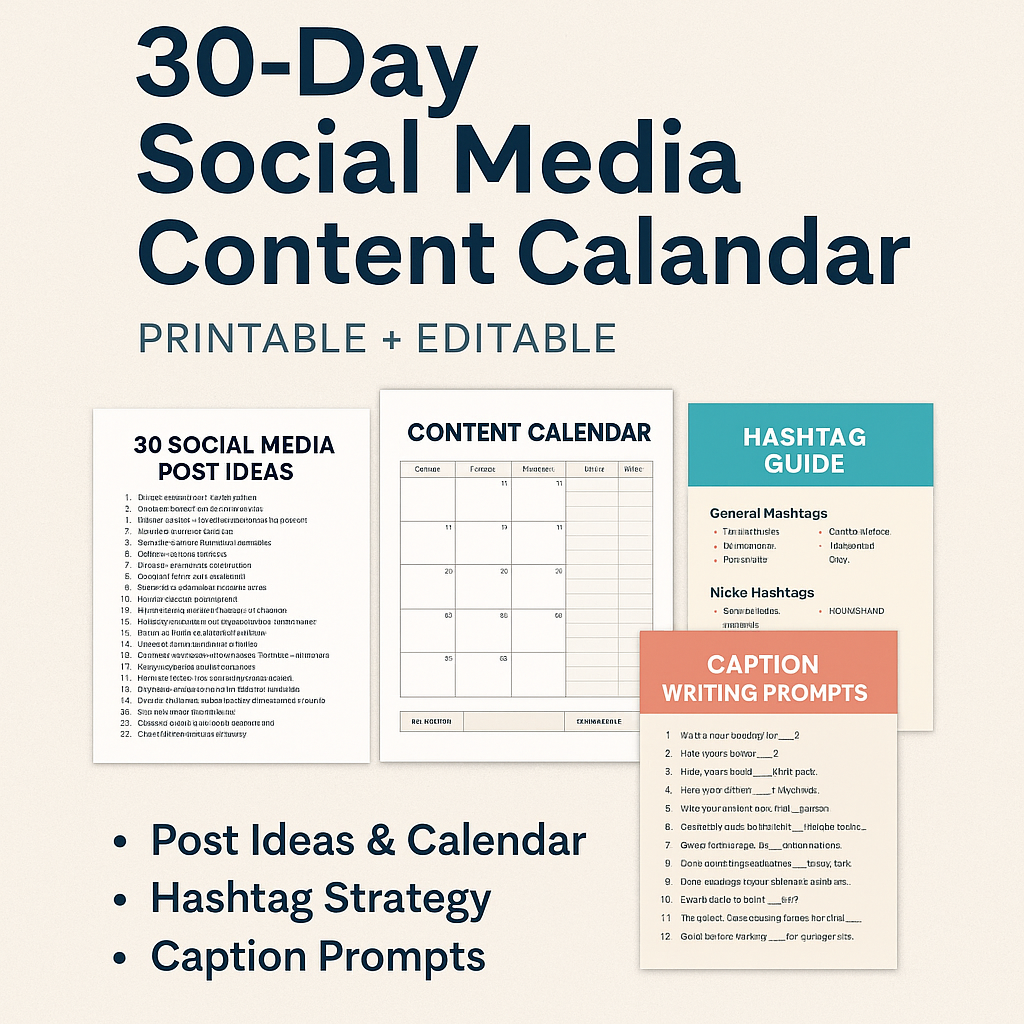30-Day Social Media Content Calendar – Printable + Editable