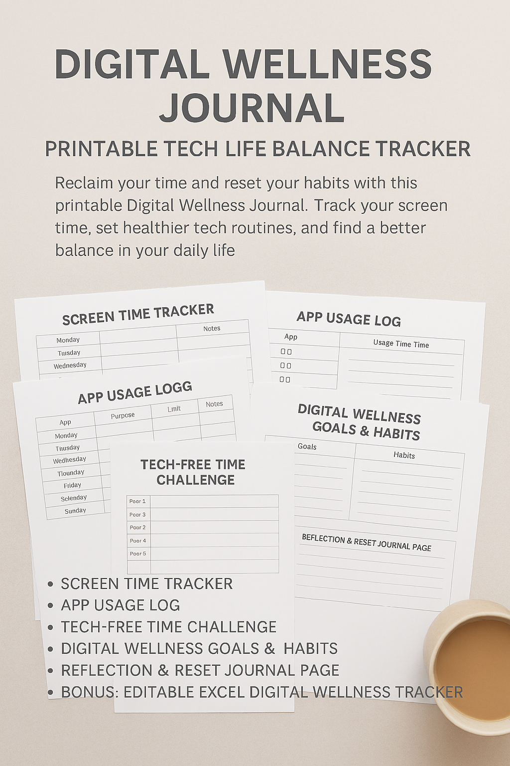 Digital Wellness Journal – Printable Tech Life Balance Tracker
