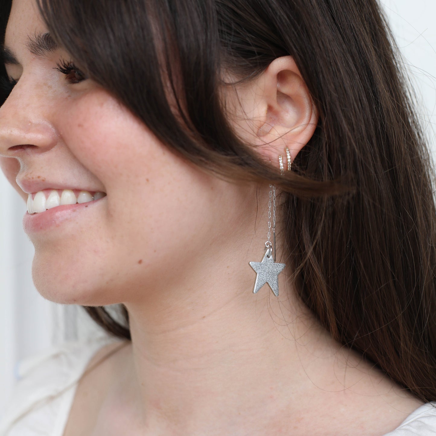 Silver Satin Delta Star Threader Earrings