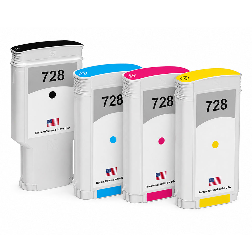 U.S. Remanufactured for HP 728 Matte Black 300mL / HP 728 130mL Colors 4-Pack Ink Cartridges