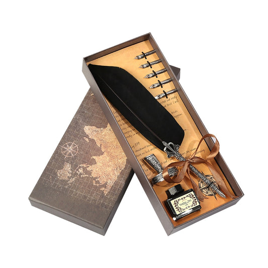 1 Set Retro Vintage Calligraphy Feather Dip Pen Fountain Pens Writing Ink Set Stationery Quill Creative Vintage Pen