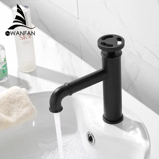 Retro Industrial Matte Black Brass Bathroom Faucets with Hot and Cold Water Mixer - Basin Faucets - Model WF-20A01