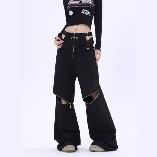 Y2K Black Cargo Pants with Zipper