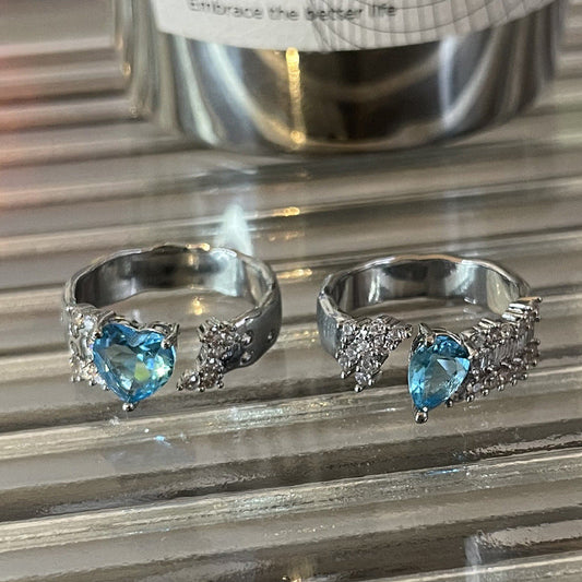 Blue Heart-shaped Zircon Water Drop Open Ring