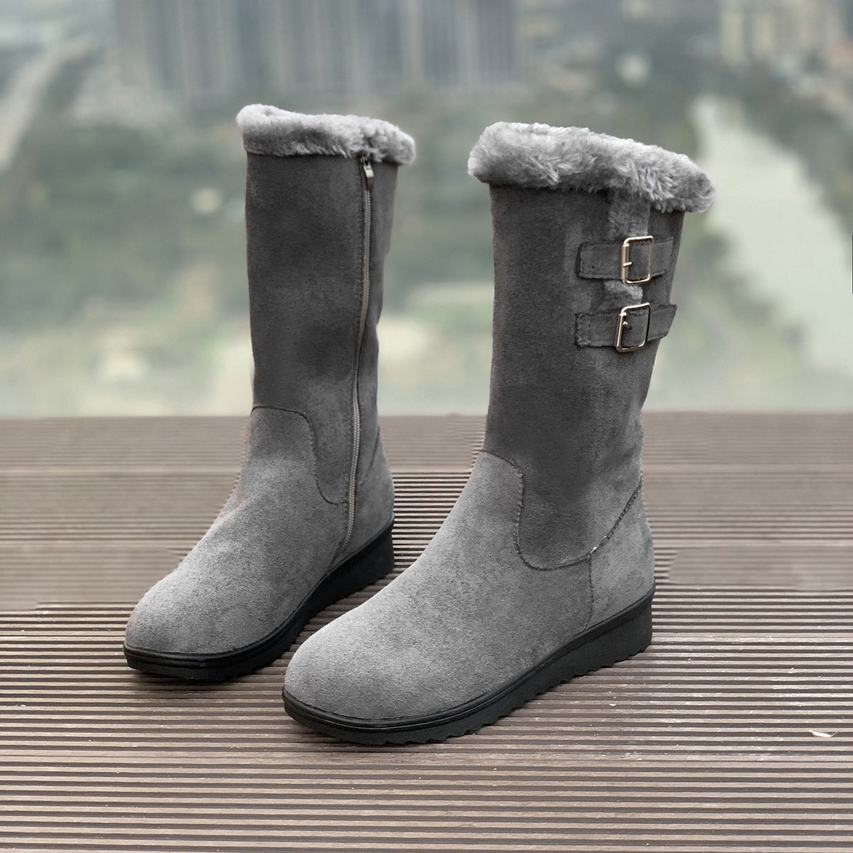 Fleece-lined Mid-calf Wedge Heel Martin Boots
