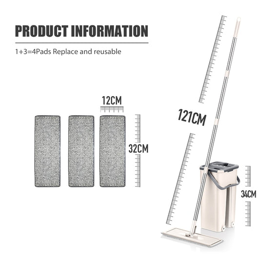 Hands-Free Flat Mop and Bucket Set with Reusable Microfiber Pads - Professional Home Floor Care for Hardwood and More