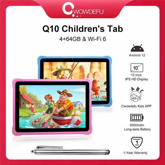 10.1 Inch Kids Tablet Android 12 - Quad Core, 4GB RAM, 64GB Storage, WIFI6, 6000mAh Battery - Fun Learning Tablet for Children with Specialized Kids Apps