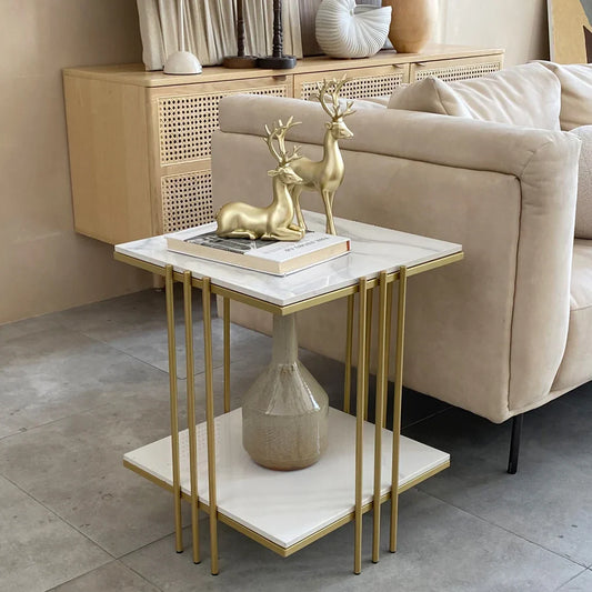 The House of Bonney Double-Layer Marble Coffee Table – Modern Gold Accent End Table for Living Room Luxury