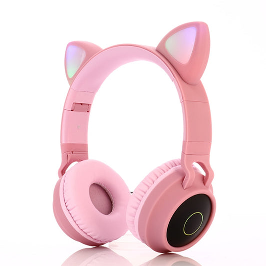 LED Light Wireless Headset with Cat Ear Design - Music Headphones for Girls, Daughters, Bluetooth Headset with TF Card Support and FM Radio