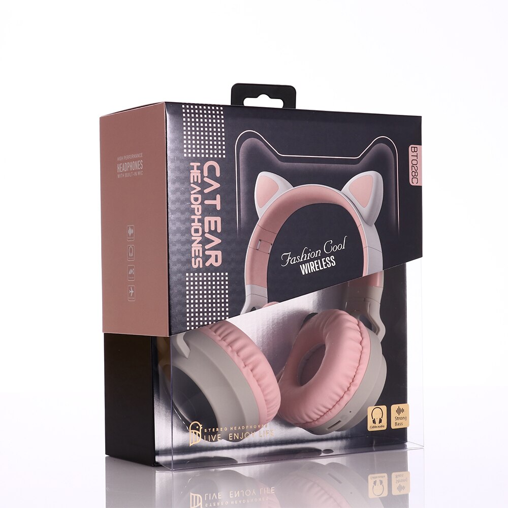 LED Light Wireless Headset with Cat Ear Design - Music Headphones for Girls, Daughters, Bluetooth Headset with TF Card Support and FM Radio