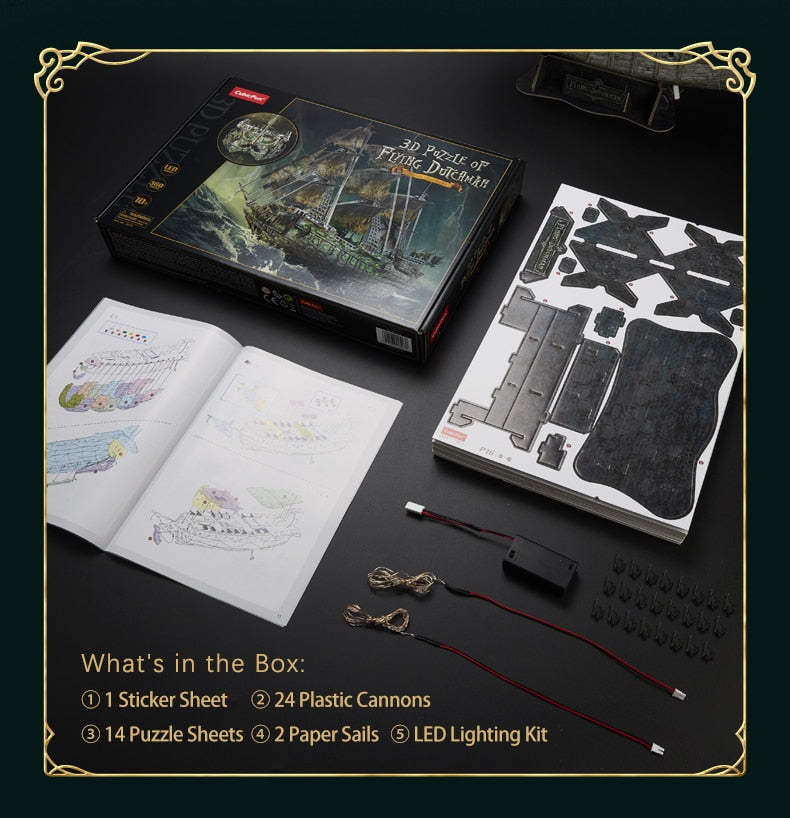 CubicFun 3D Puzzles Green LED Flying Dutchman Pirate Ship Model 360 Pieces Kits Lighting Building Ghost Sailboat Gifts for Adult