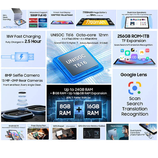 2024 Blackview Tab 16 Pro Tablet 8GB+256GB 11'' FHD+ Display 7700 mAh Battery Android 14 Widevine L1 Unisoc T616 Tablet PC