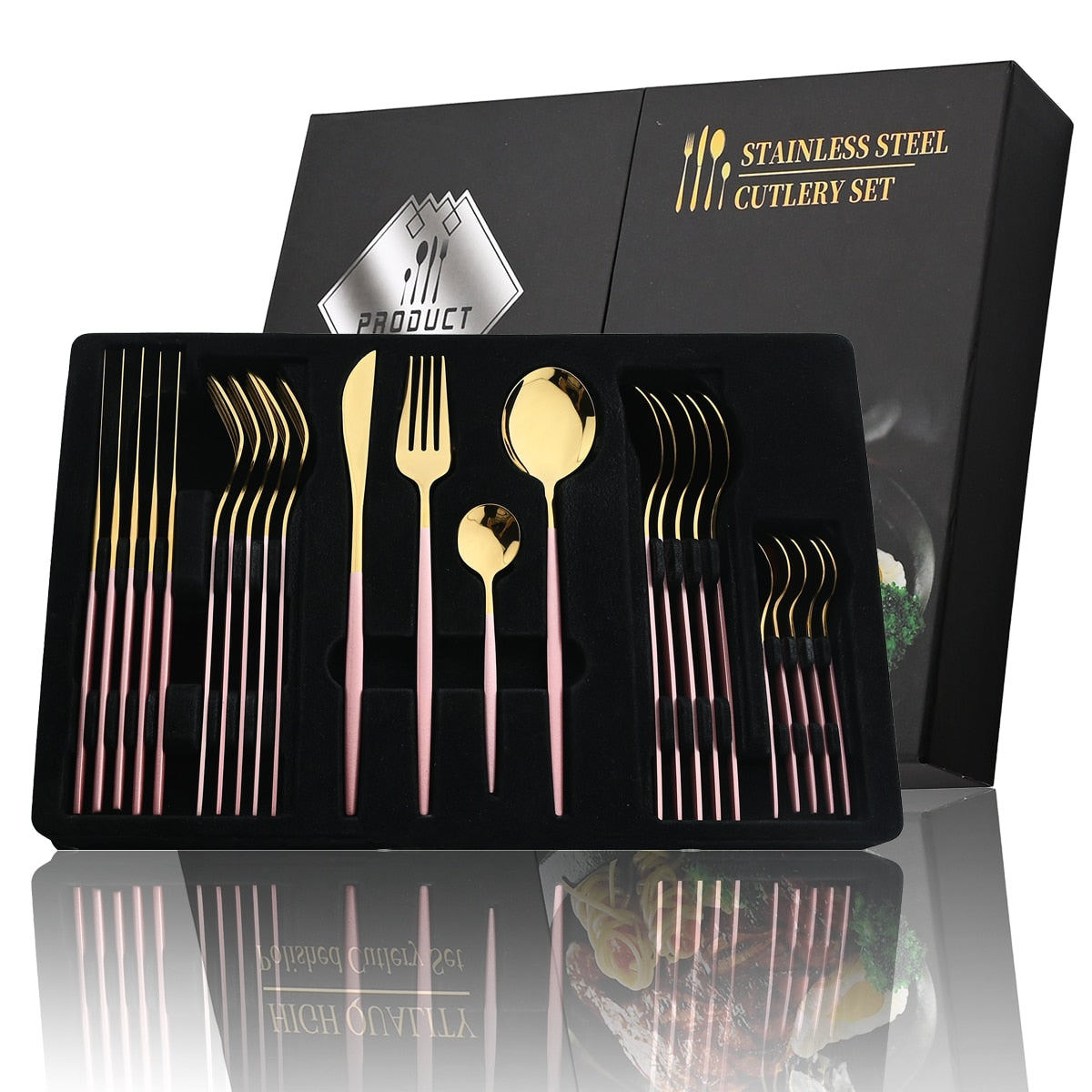 Golden Cutlery Set - 24Pcs Stainless Steel Knife, Fork, and Spoon with Black Handle - Tableware Flatware Set - Perfect Festival Kitchen Dinnerware Gift