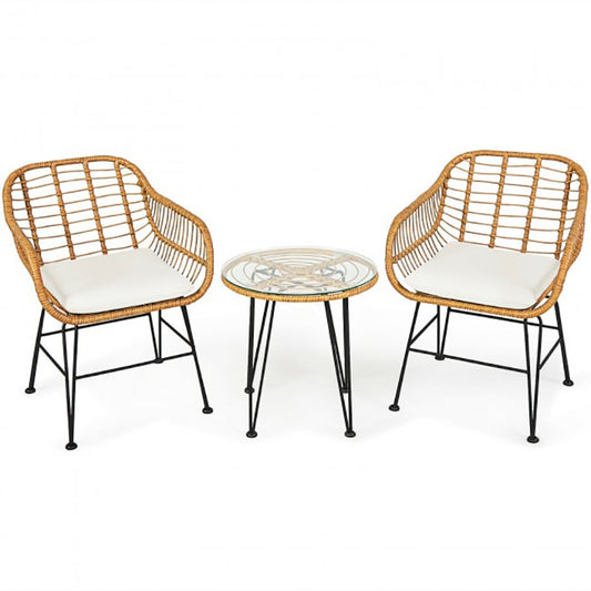 3 Pieces Rattan Furniture Set with Cushioned Chair Table Living Room Outdoor Garden Coffee Chair Leisure Chairs