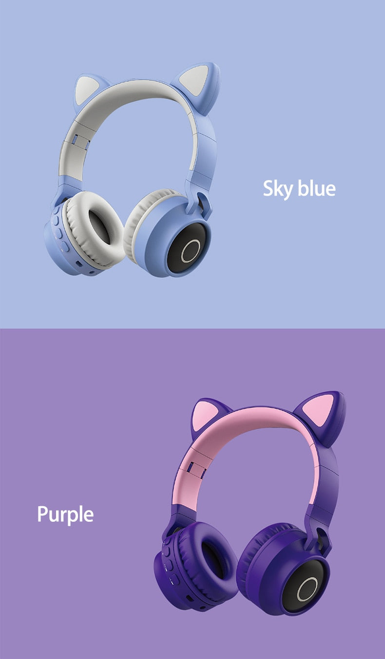 LED Light Wireless Headset with Cat Ear Design - Music Headphones for Girls, Daughters, Bluetooth Headset with TF Card Support and FM Radio