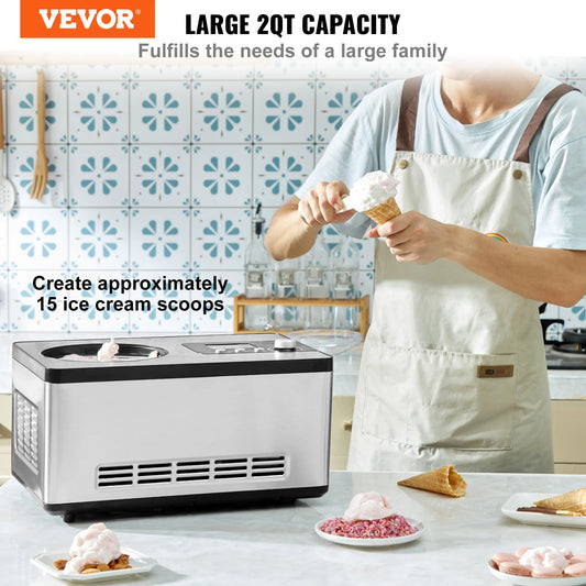 VEVOR Automatic Ice Cream Maker with Built-in Compressor – 2 Quart, No Pre-Freezing, Fruit & Yogurt Machine, Electric Sorbet Maker