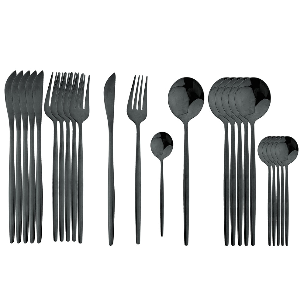 Golden Cutlery Set - 24Pcs Stainless Steel Knife, Fork, and Spoon with Black Handle - Tableware Flatware Set - Perfect Festival Kitchen Dinnerware Gift