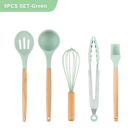 Non-Stick Silicone Kitchen Utensils Set with Wooden Handles - Includes Spatula, Egg Beaters, and More - Essential Kitchenware and Accessories