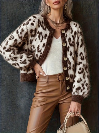 Casual Stylish Retro Leopard-print Contrast-color Jacquard Sweater