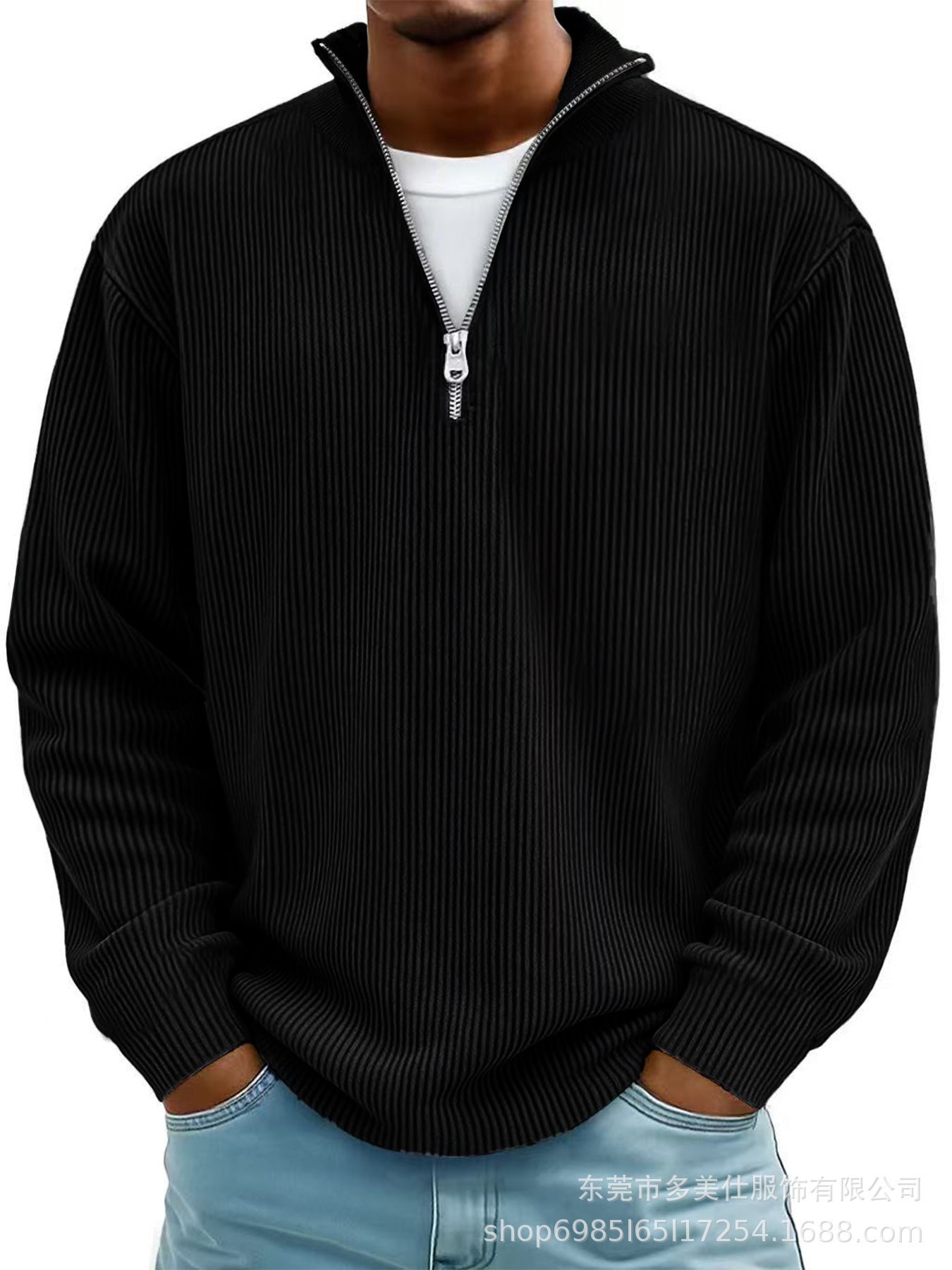Autumn And Winter New Men's Casual Stand-Up Collar Zipper Corduroy Long-Sleeved Men's Polo Shirt Sweatshirt