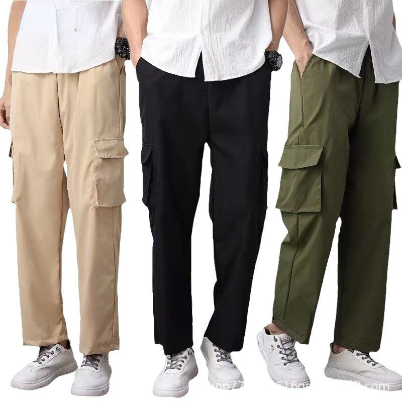Coil Pants Cropped Pants Straight Trendy Fashion Casual Spring And Autumn Solid Color Casual Pants Men's Pocket Decorative Youth Popular
