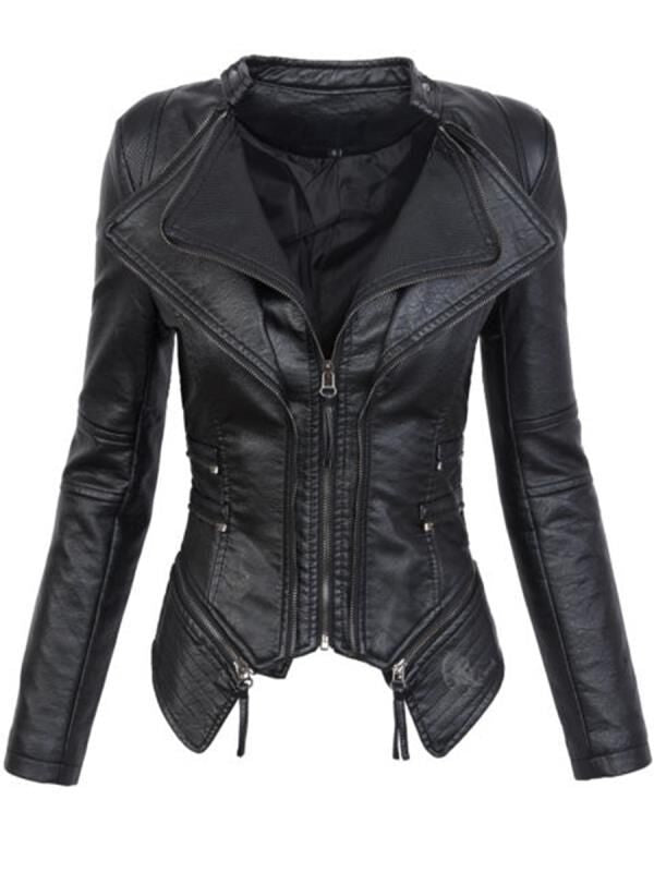 PU Leather Zippered Patchwork Jacket Coats