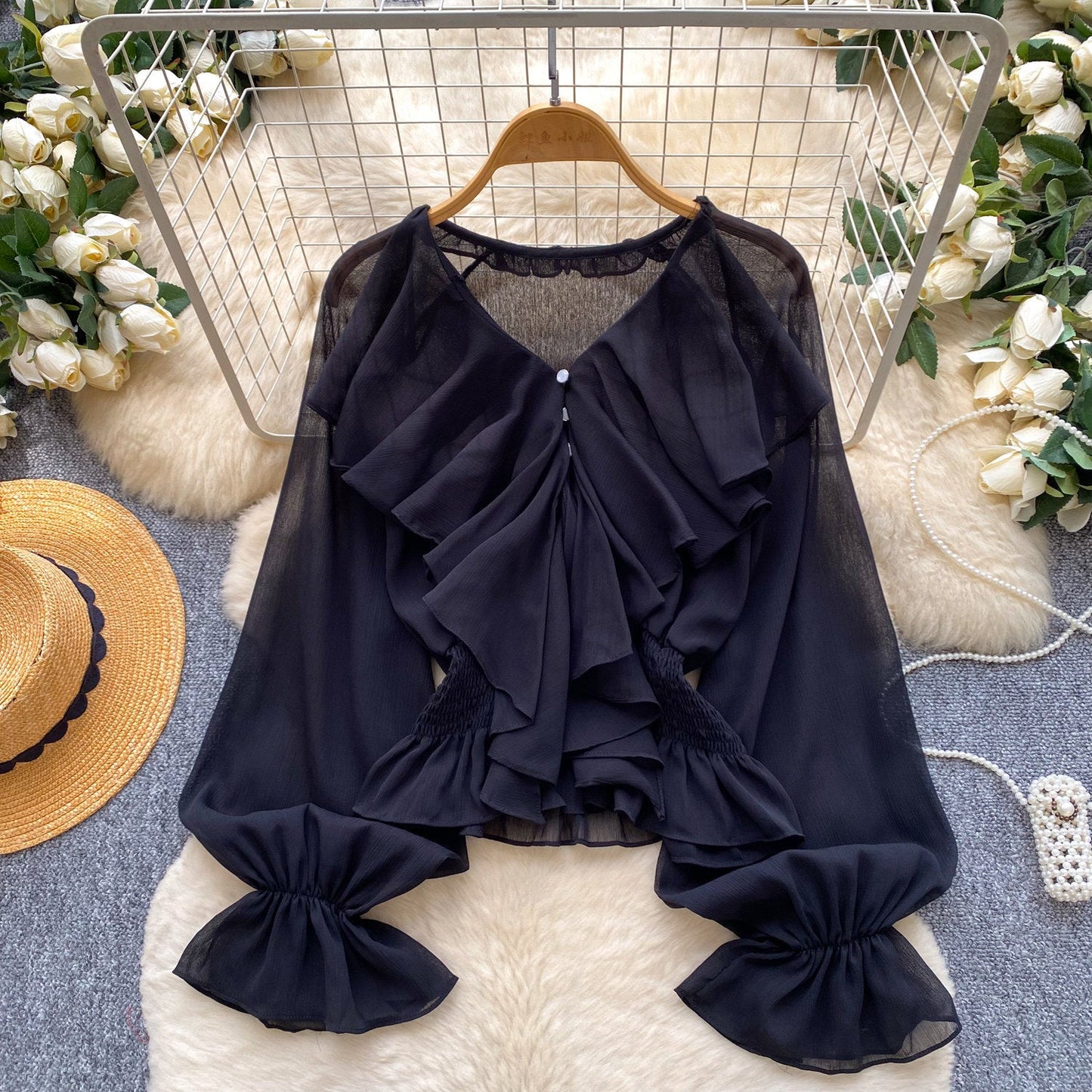 Womens Solid-color Loose-fitting Breathable Ruffled-edge Blouse