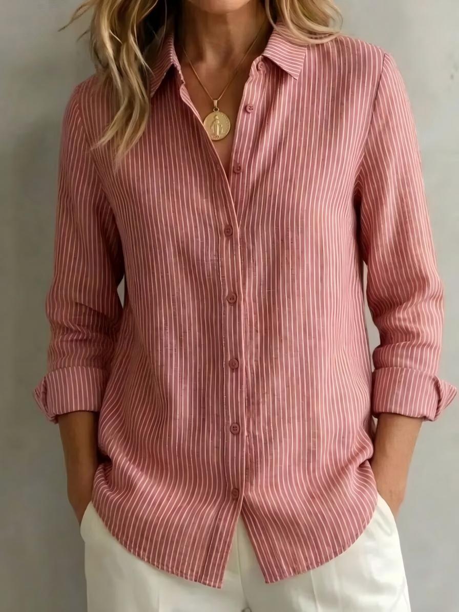Womens Long-sleeved Linen Shirt With Blue And White Vertical Stripes