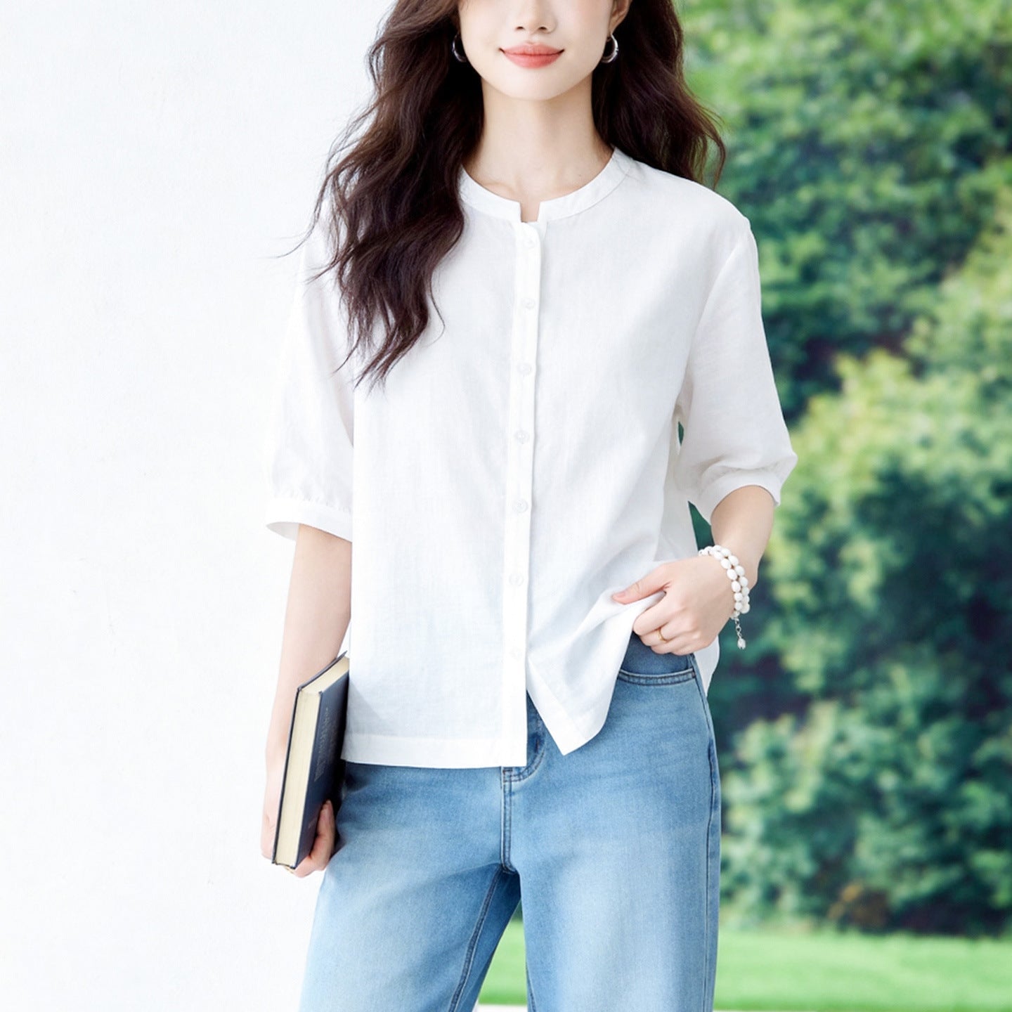 Retro Cotton-linen Blouse For Women Three-quarter Sleeves Arrival Round Neck