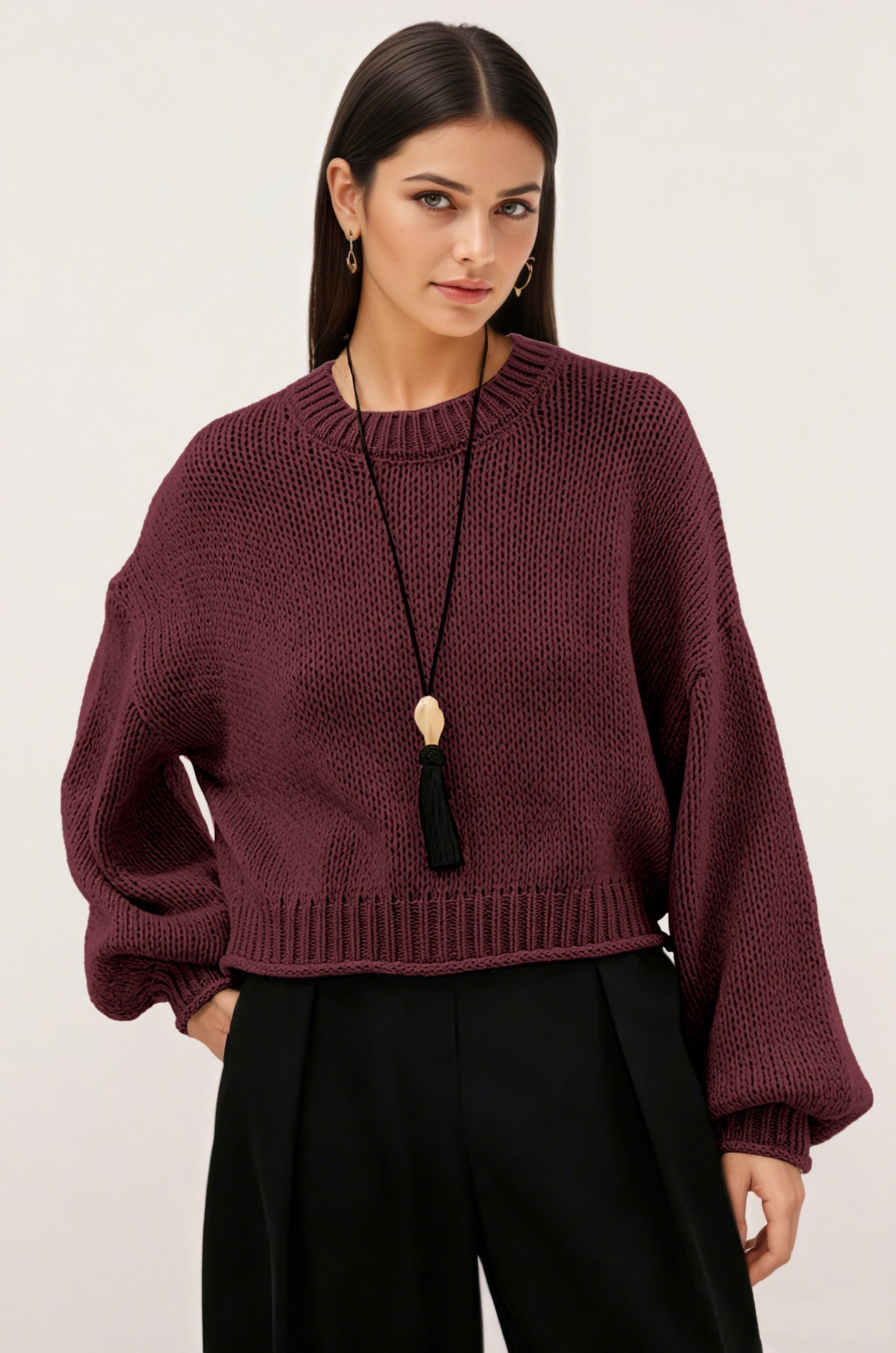 Womens Loose-Fit Round-Neck Casual All-Match Knitted Sweater