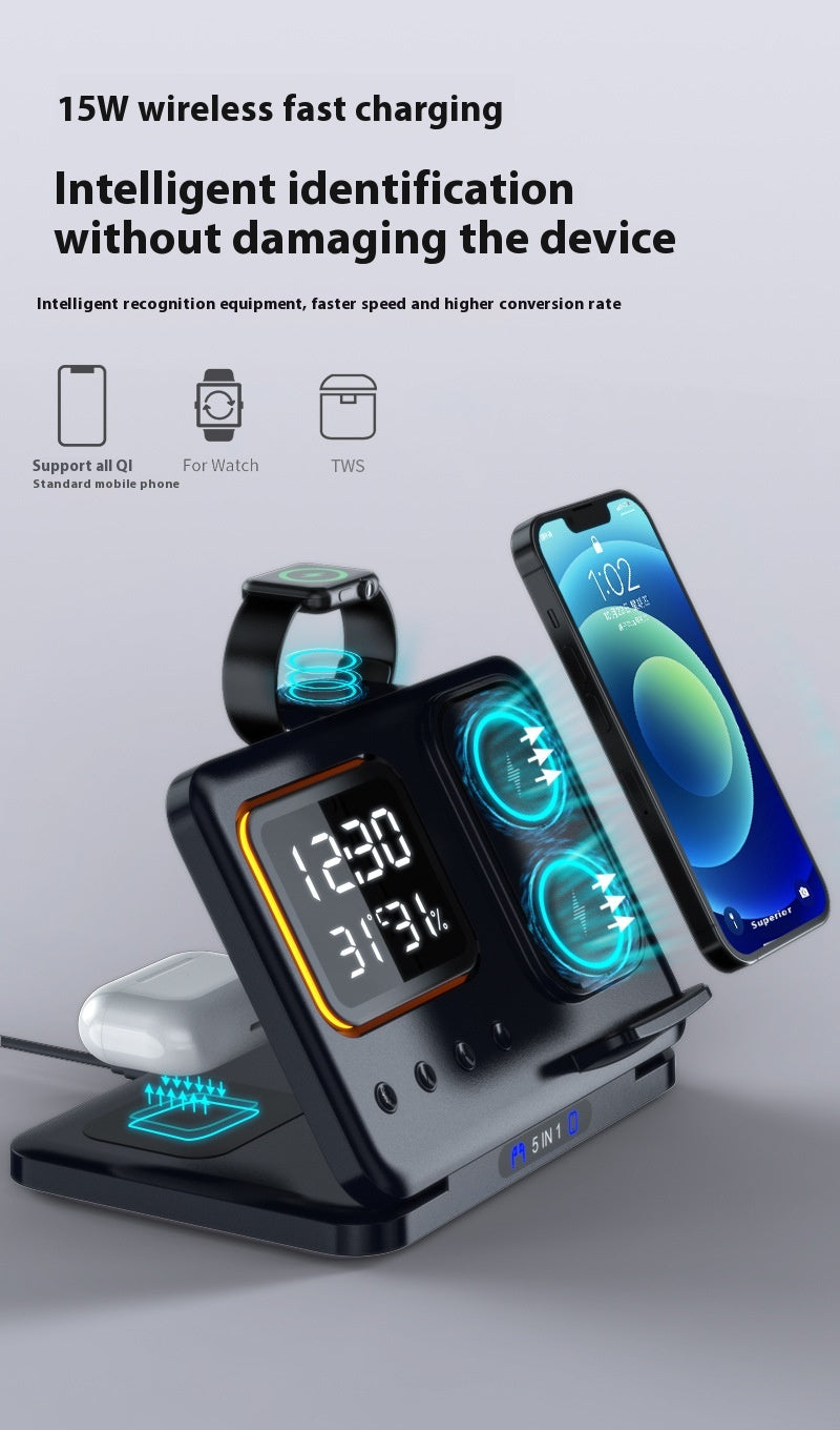 15W Wireless Chargers Stand 5 In1 LED Digital Alarm Clock Fast Charging Dock Station