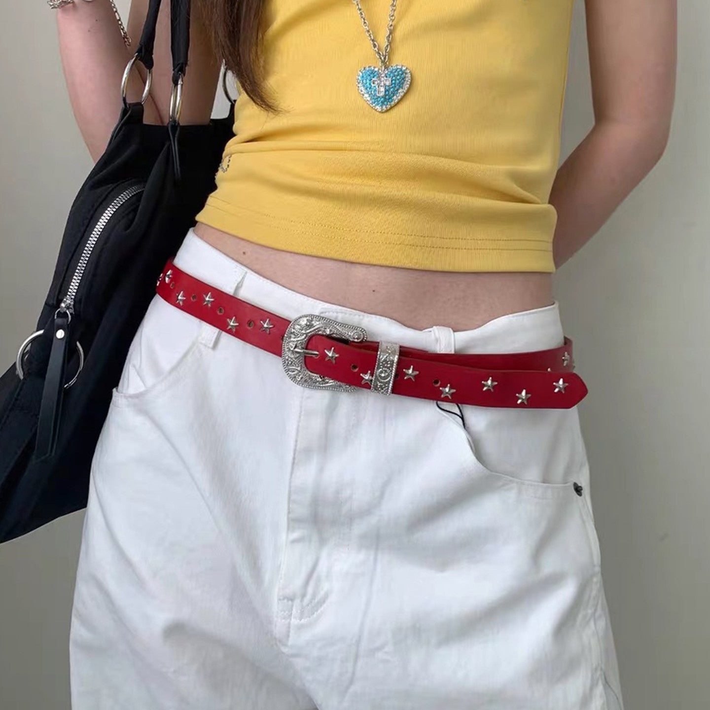 Womens American-style Red Crocodile-pattern Polka-dot Belt