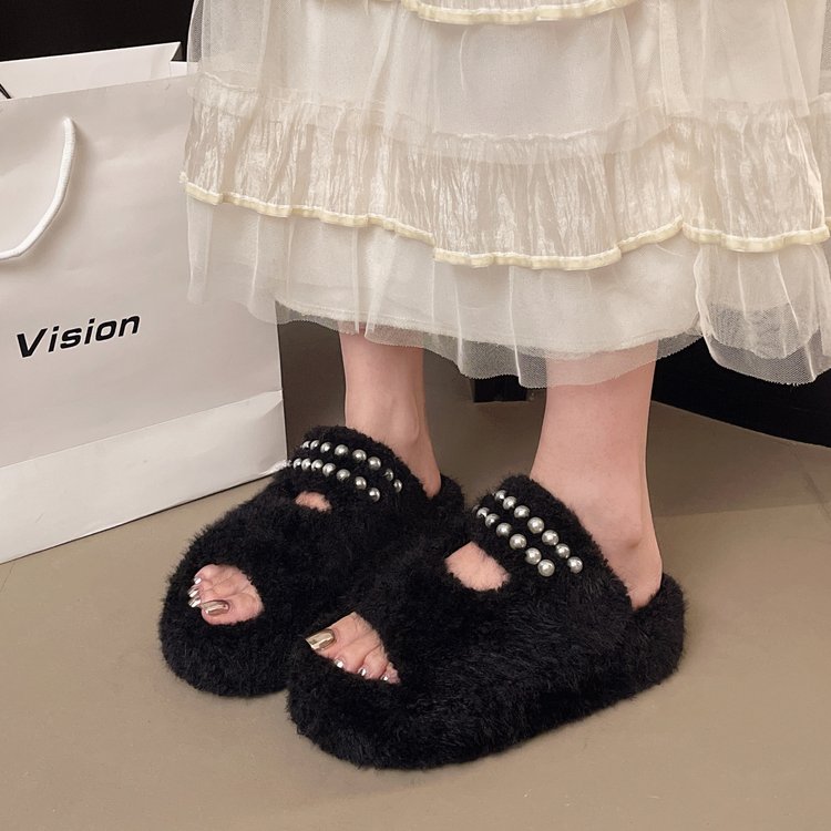 Women's Platform Height-Increasing Furry Single Strap Slippers, 2026 New Autumn Winter Pearl Magic Tape Warm Slides For Petite Women, Wearable Outdoors