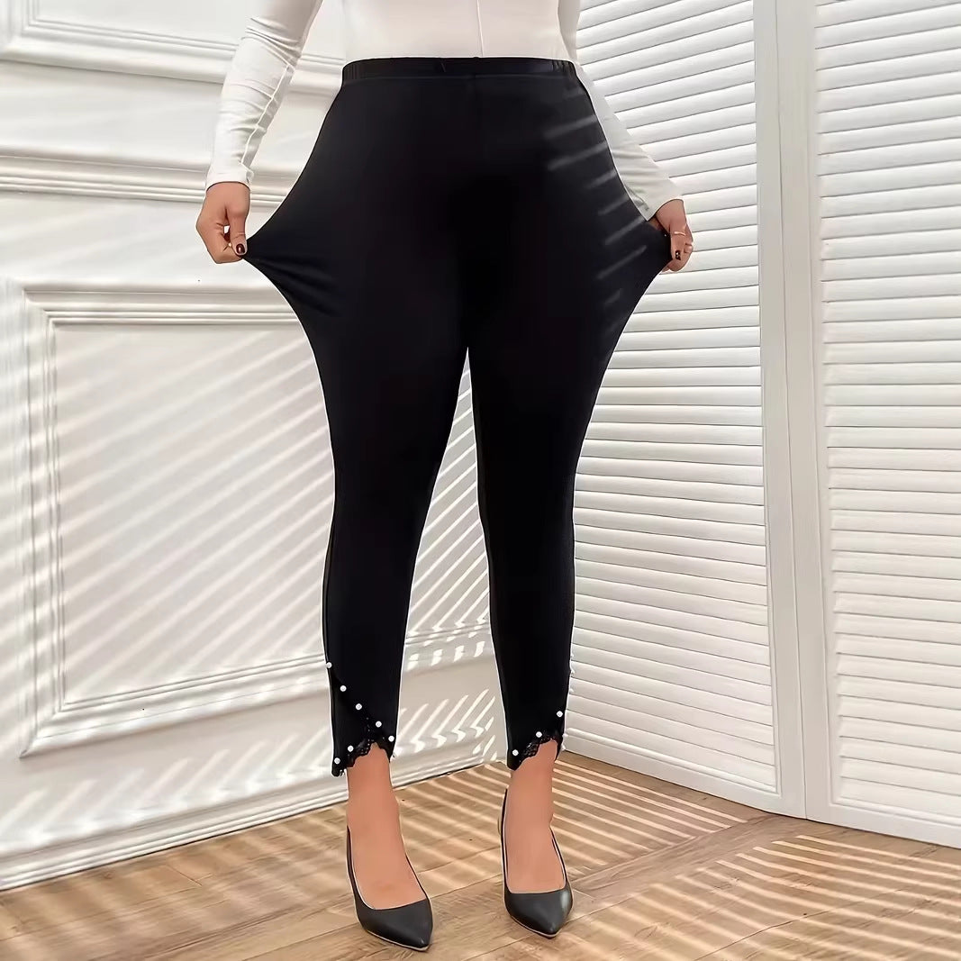 Womens Pencil Pants With Lace Trim And Pearl Accents For Outerwear