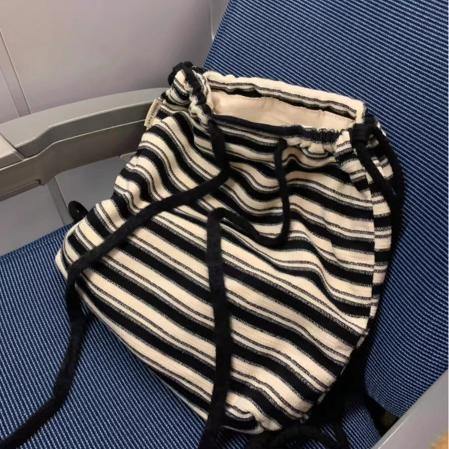 Fashion Black White Striped Drawstring Backpack Ins Lazy Style Large Capacity Canvas Bags Women Cute Campus Schoolbag For Girls