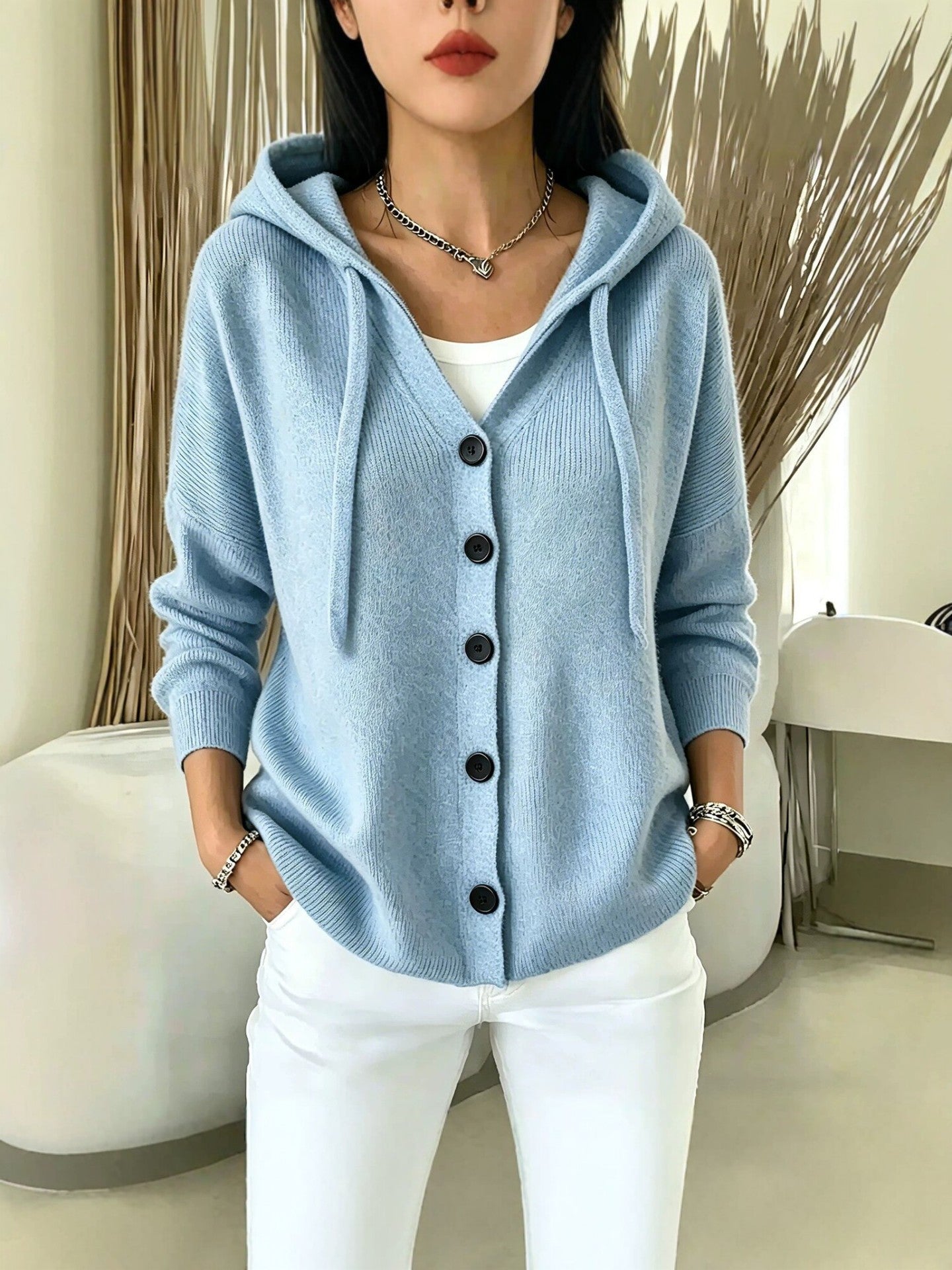 Womens European And American-style Autumnwinter New Hooded Knit Cardigan