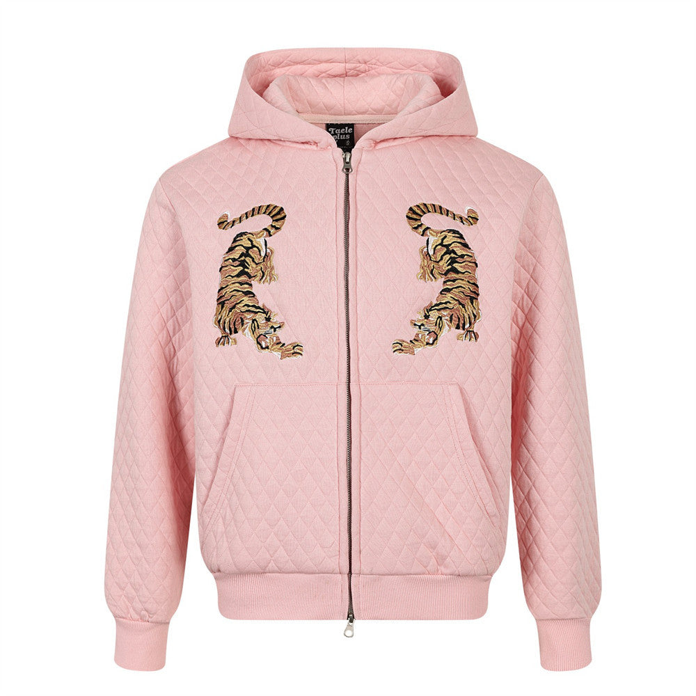 Tiger-Embroidered Rhombic-Check Thickened Hoodie