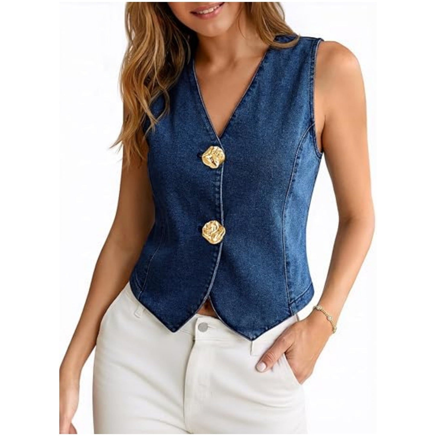 Womens Buttoned Denim Vest Top Fashionable Summer Casual V-Neck Single-Piece Waistcoat