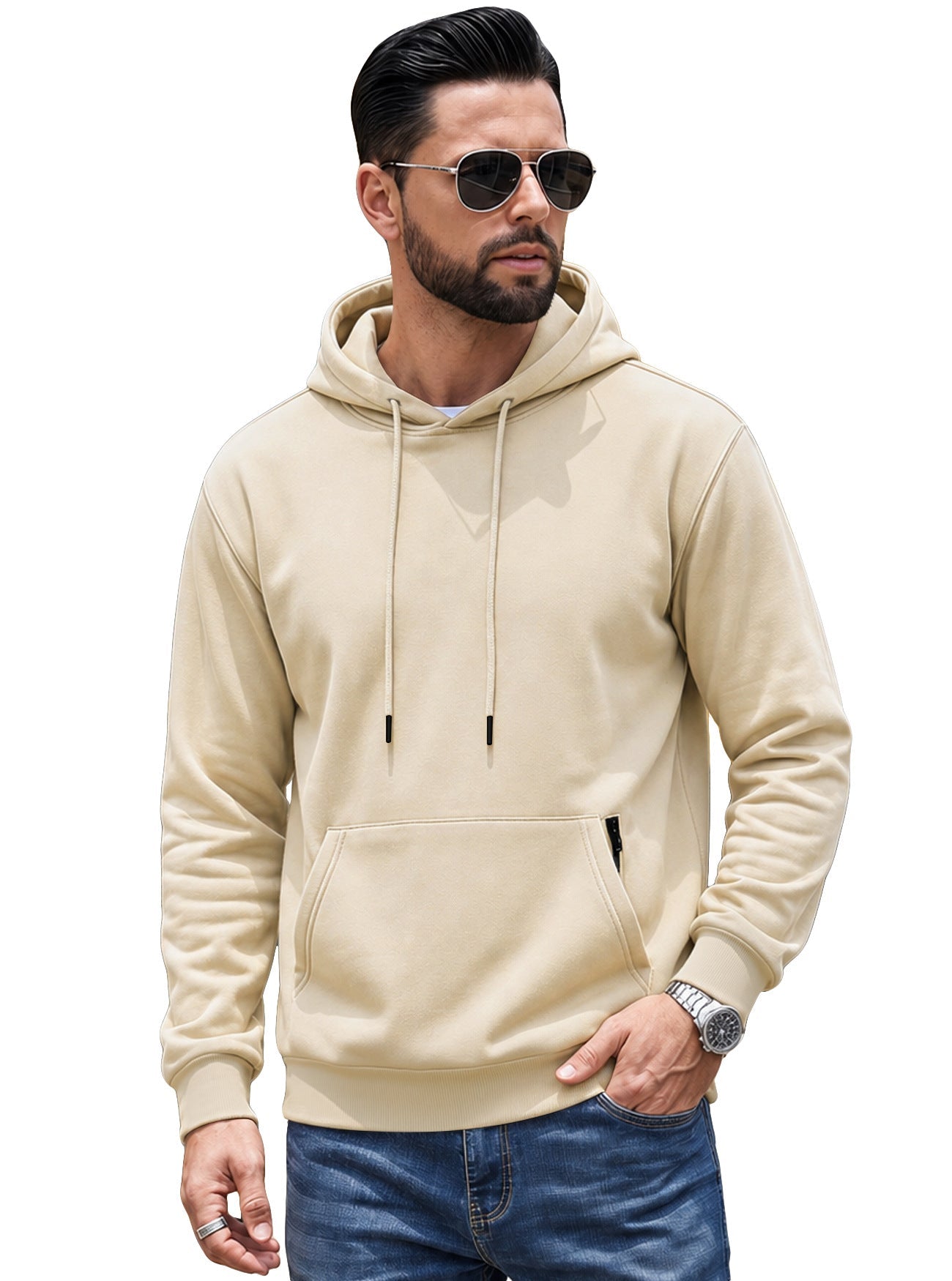 Cross-border TK Men's American Solid Color Drawstring Hoodie, Sports & Outdoor Sweatshirt With Anti-theft Side Zipper Kangaroo Pocket