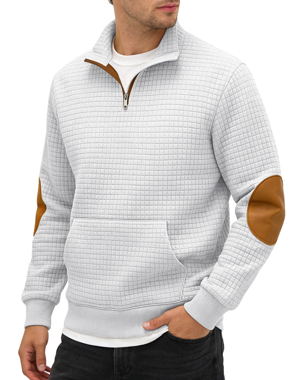 Cross-border Amazon Men's Autumn & Winter Half-Zip Suede Jacquard Small Check Long-Sleeve Stand Collar Casual Sweatshirt