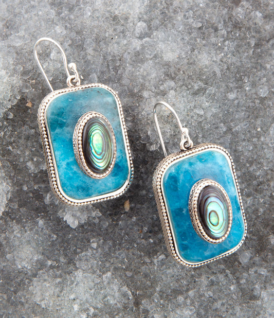Blue Apatite and Abalone Stacked Sterling Silver Earrings