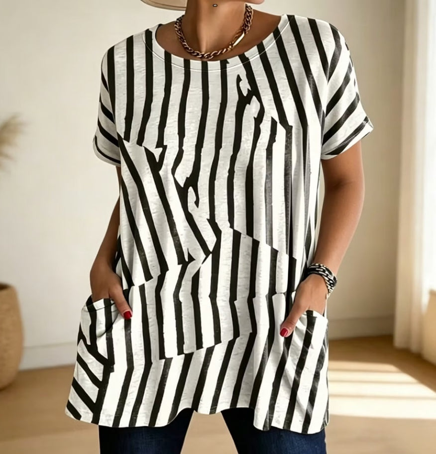 Black & White Abstract Stripe Print Short Sleeve Tunic Top With Pockets