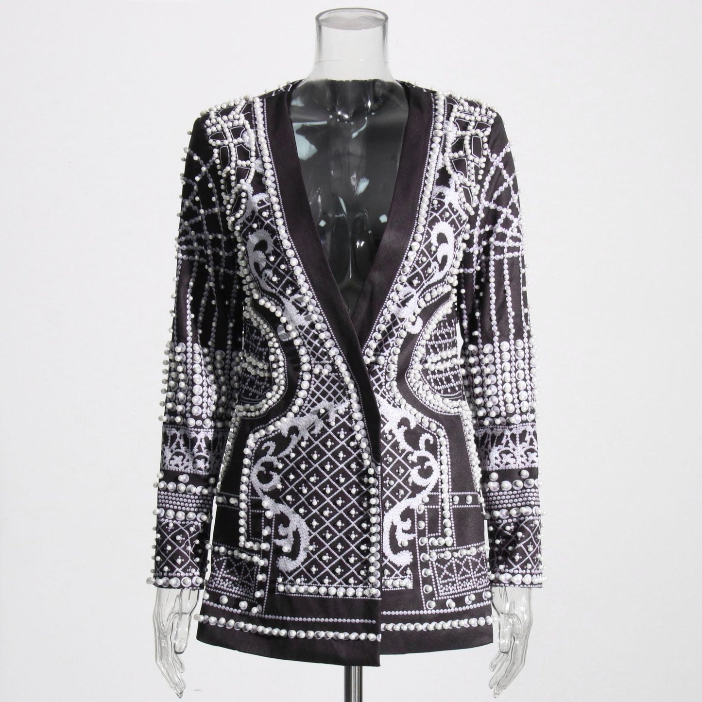 Pearl-bead Printed Petite Blazer For Women