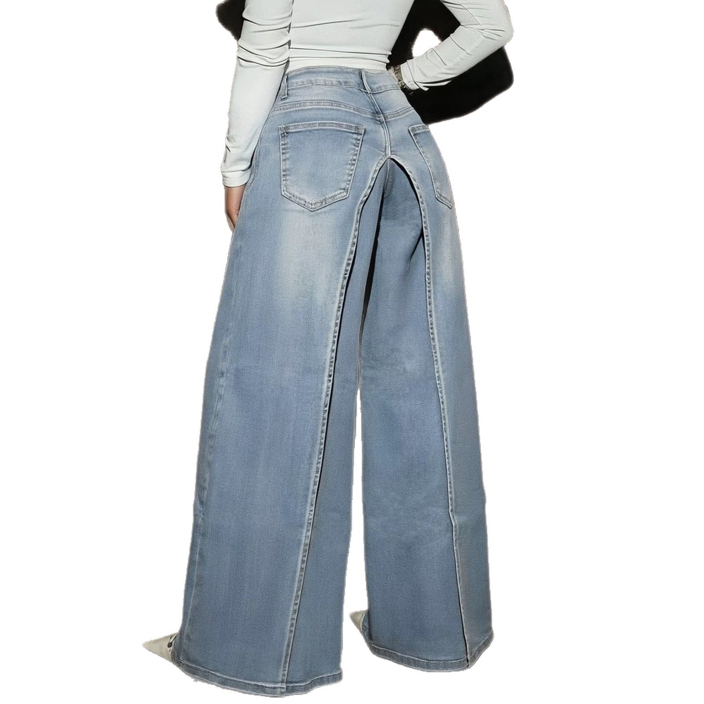 European And American Style Women's Jeans, Washed High-Waisted Double-Layer Split Straight-Leg Pants, Cross-Border Trendy Slim-Fit Floor-Length Denim Trousers