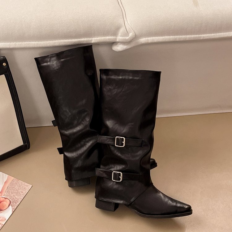 Women's Pointed Toe Buckle Ruched Slouch Boots, New Autumn Winter Tall Punk Knight Boots, Trendy Hot Girl Boots For Dresses
