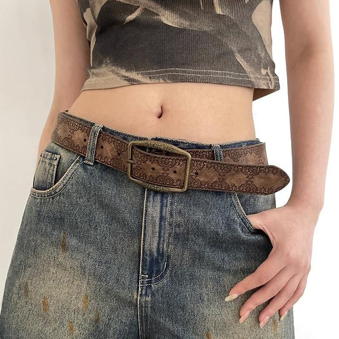 American-style Vintage Embossed Distressed Leather Belt With A Bronze Buckle, Versatile For Jeans