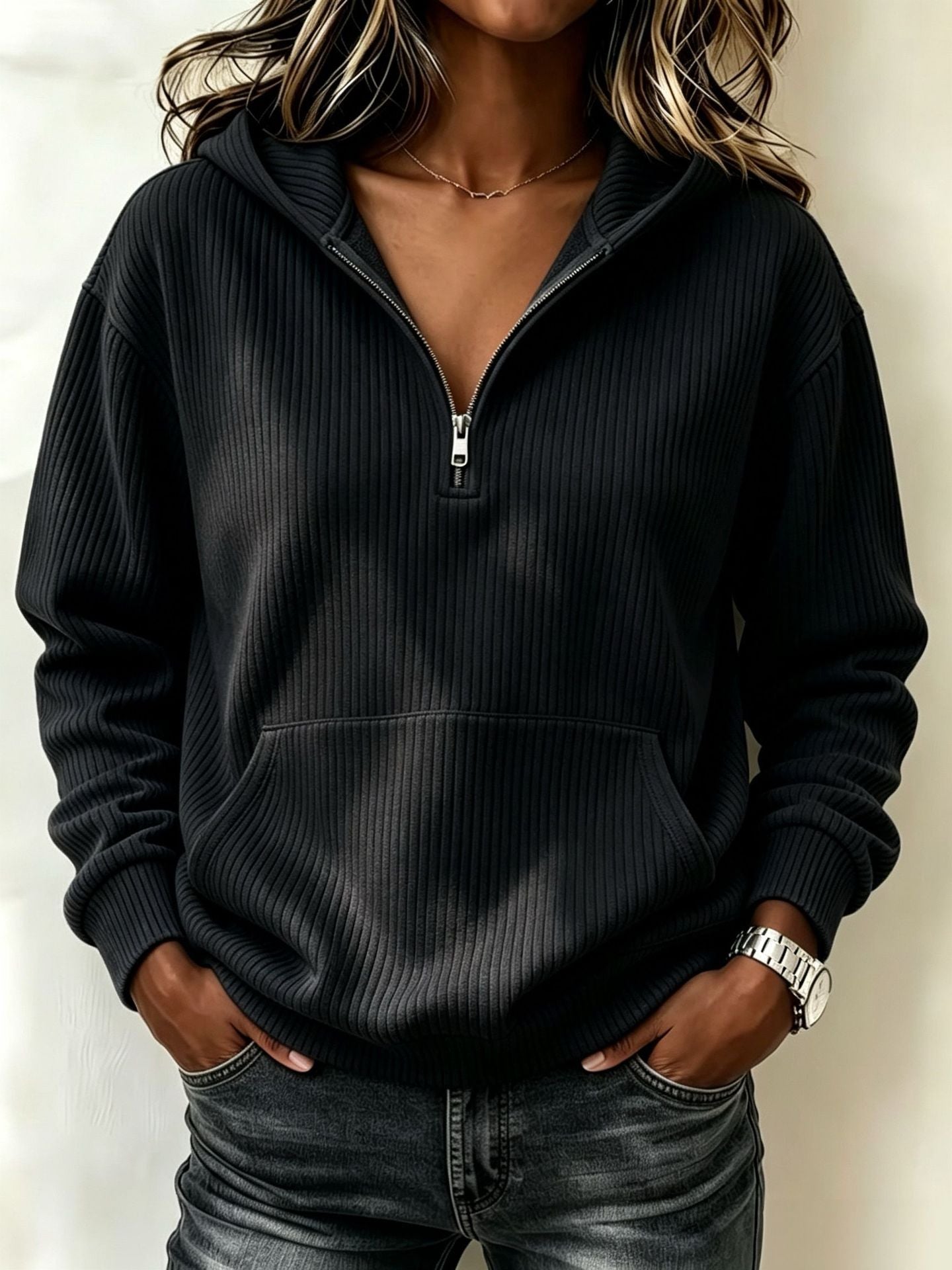 Half-zip Hoodie Laid-back Casual Long-sleeve Sweatshirt